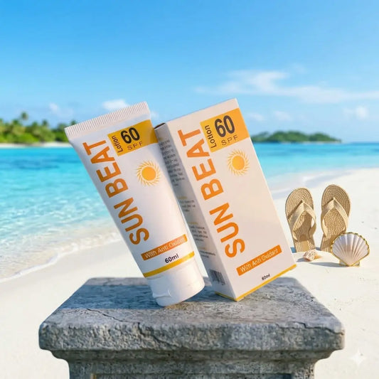 Two tubes of Sun Beat sunscreen with a beach background